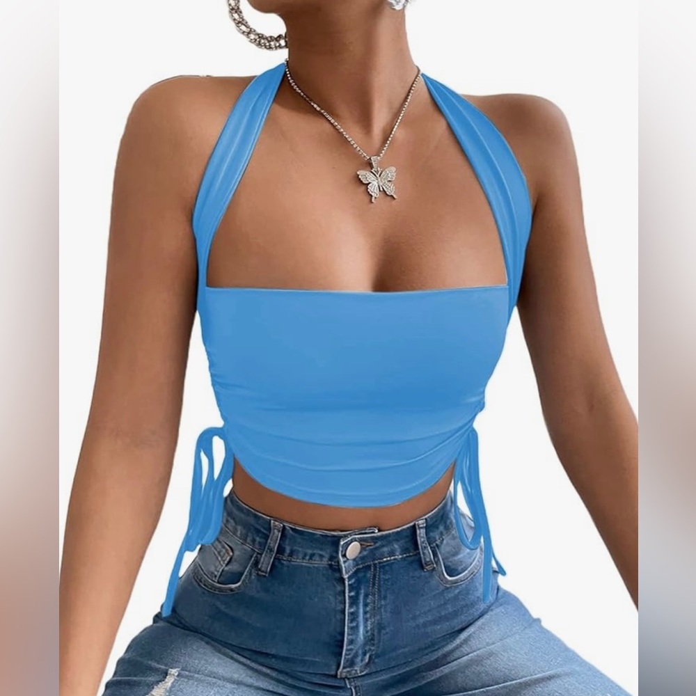 Women's Halter Tie Back Ruched Drawstring Side Crop Cami Top